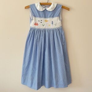 ORIENT EXPRESSED EUC Hand Smocked Ocean Creatures Gingham Peter Pan Collar Dress